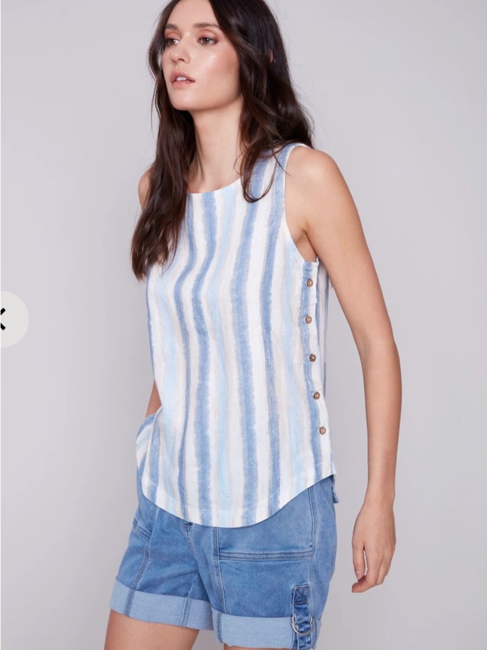 CHARLIE B 100% Linen Blue, Beige and White Striped Sleeveless Button Tank, XL